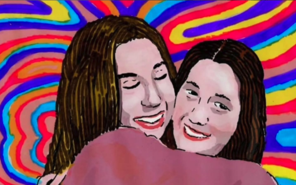 Zeev Engelmayer's illustration of Ayelet Levy hugging her daughter, Naama Levy, ahead of her January 2025 release from Hamas captivity (Courtesy)